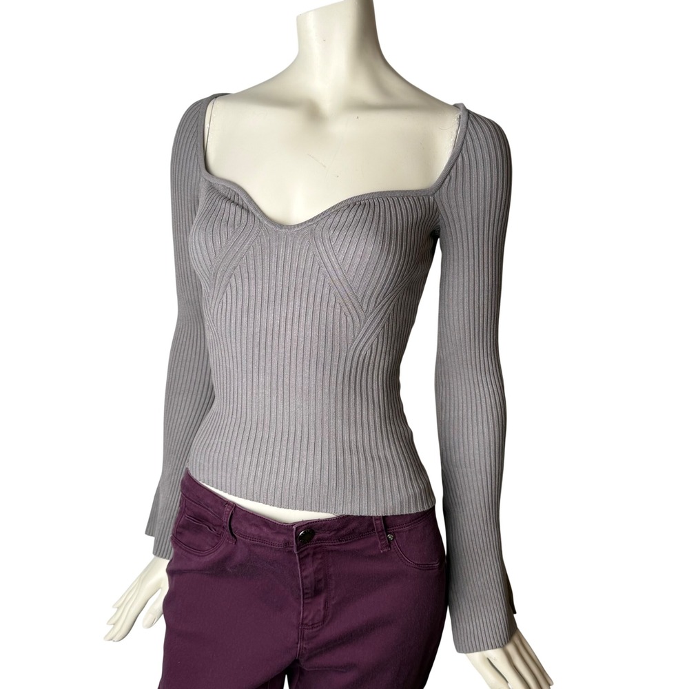 H&M Ribbed Knit Sweetheart Top Grey Flare Sleeve Balletcore Minimalist NWT Sz S